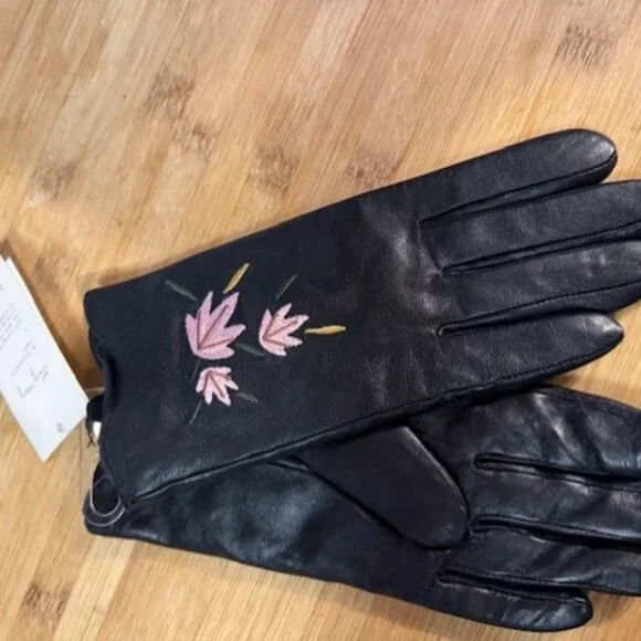 Retro Black leather gloves with pink / pastel floral embroidery - NWT - Picture 6 of 16